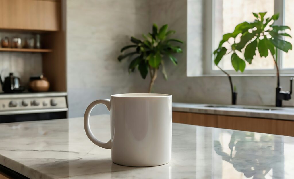 マグカップがテーブルに置いてあります