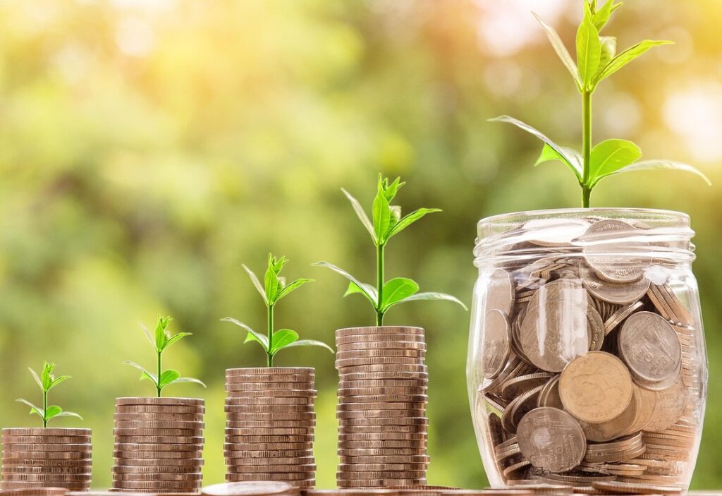 階段状に積み重ねられたコインに植物が生えています