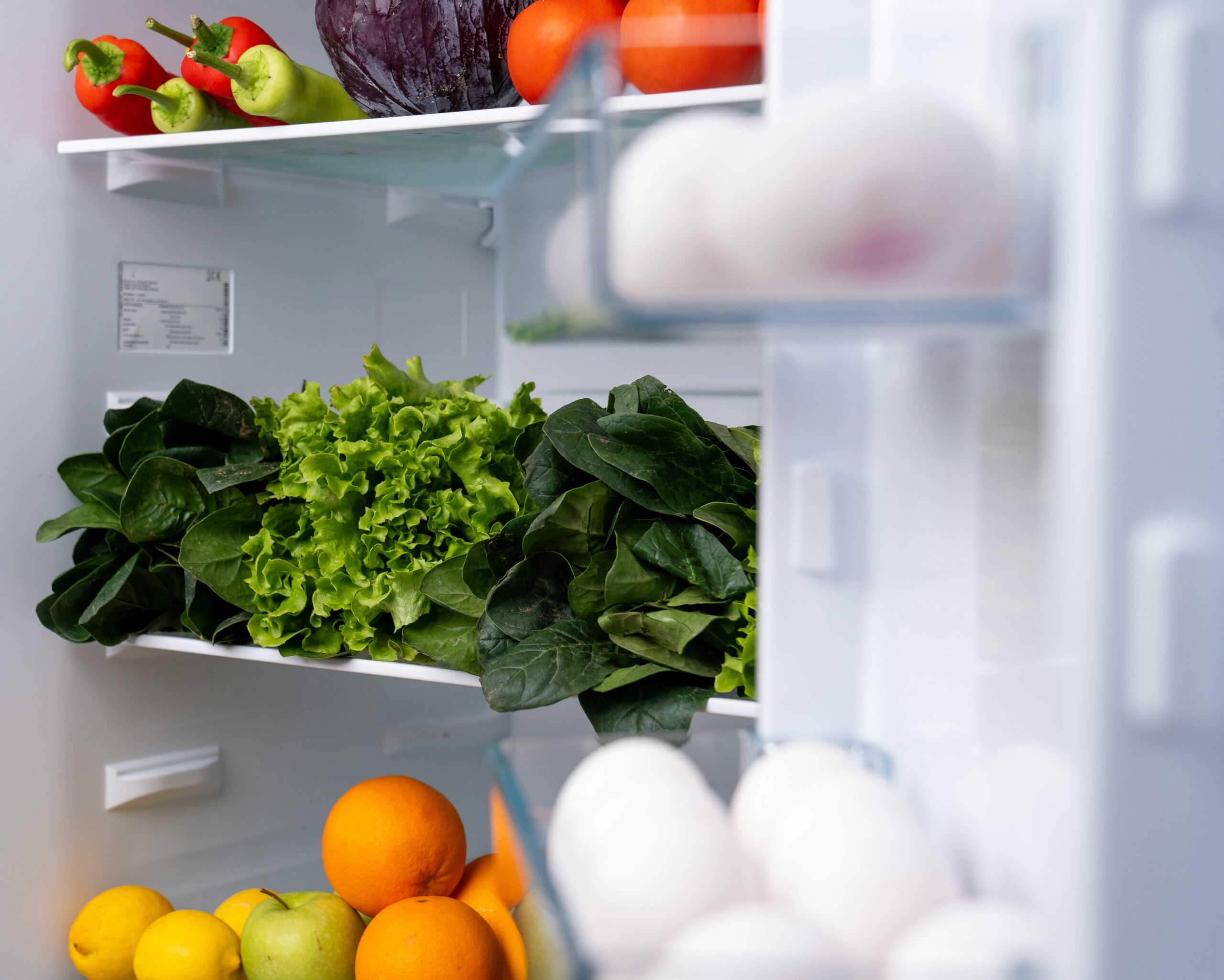 冷蔵庫に野菜や卵が入っています